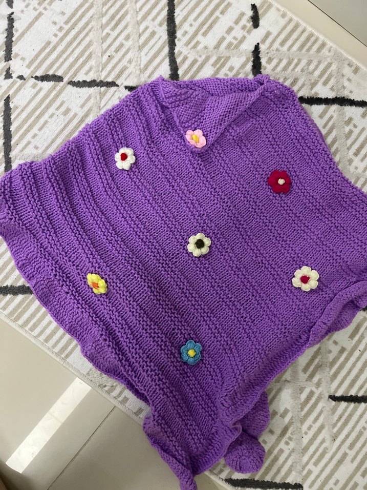 Renkli Nakışlı Mor Örgü Kız Panço - Görsel 2