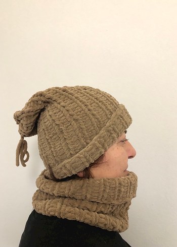 Kadın Bej el Örgü Bere ve Boyunluk - Görsel 4