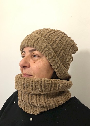 Kadın Bej el Örgü Bere ve Boyunluk - Görsel 2