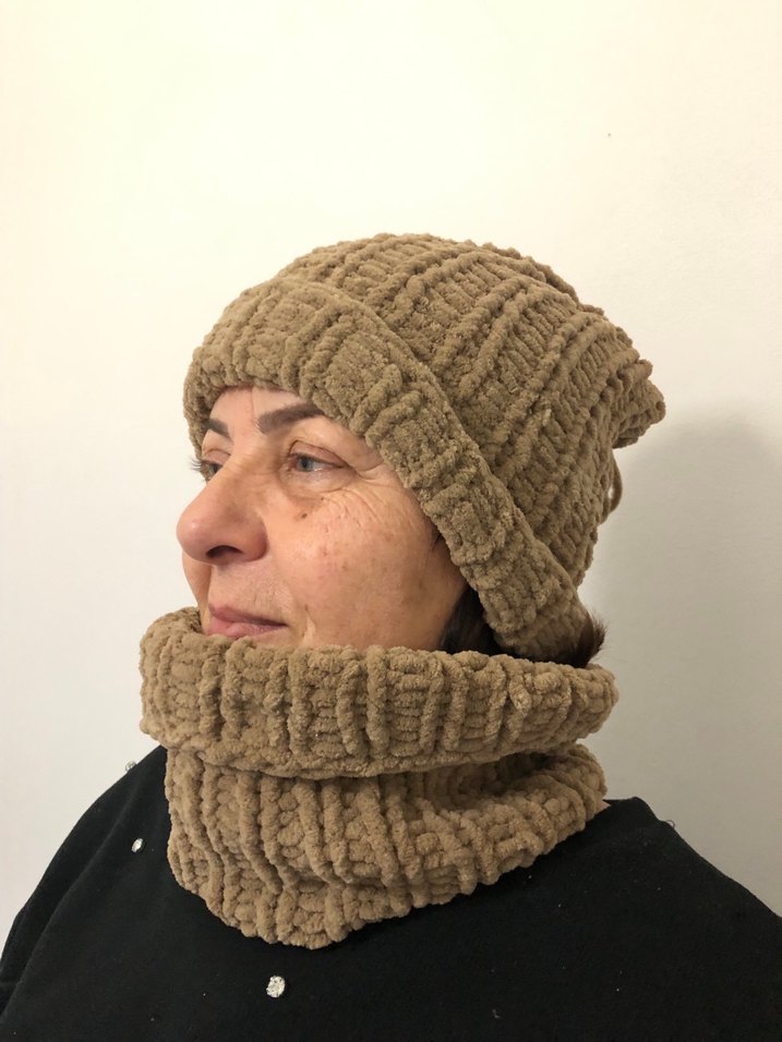 Kadın Bej el Örgü Bere ve Boyunluk - Görsel 2