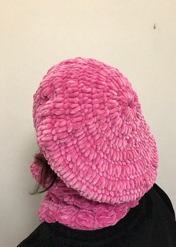 Pembe El Örgü Kadın Bere ve Boyunluk Seti - Görsel 2