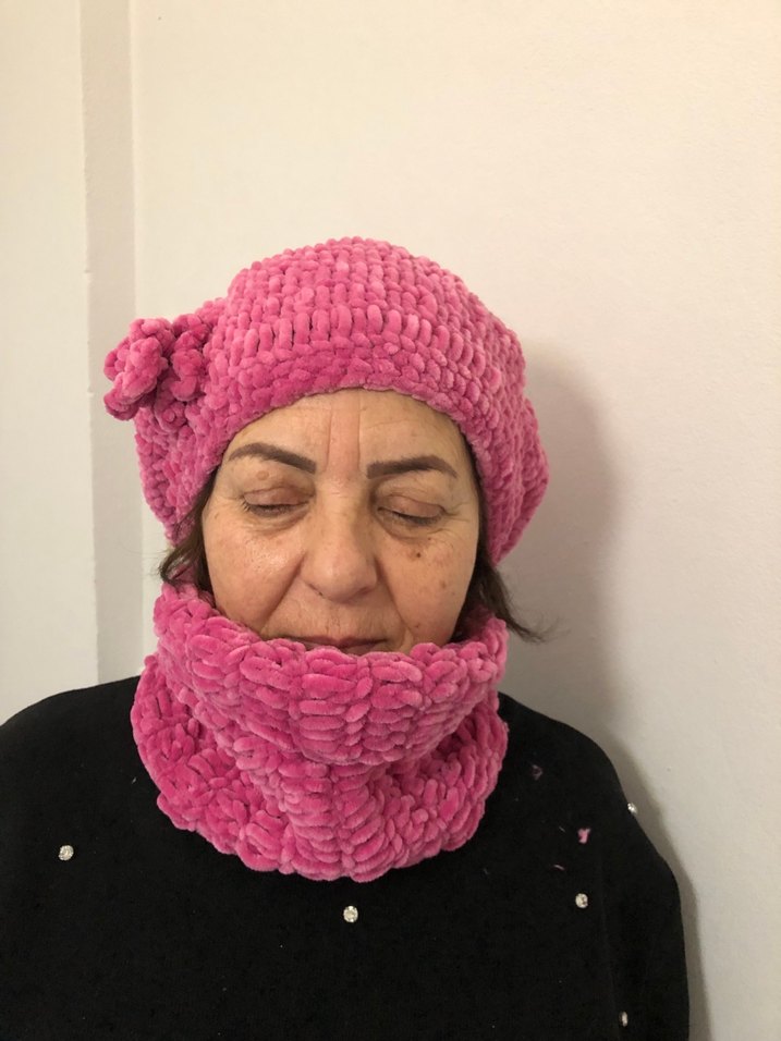 Pembe El Örgü Kadın Bere ve Boyunluk Seti - Görsel 3