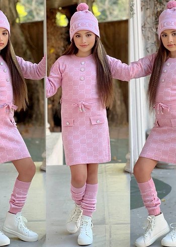 Pembe Triko Kız Elbise Uzun Kollu