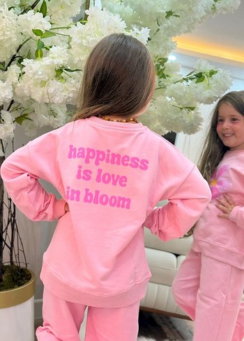 Pembe Çiçek Desenli Kız Sweatshirt ve Pantolon Takımı - Görsel 2