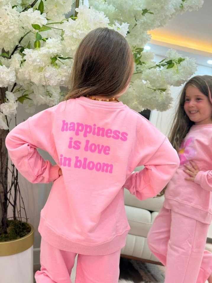 Pembe Çiçek Desenli Kız Sweatshirt ve Pantolon Takımı - Görsel 2