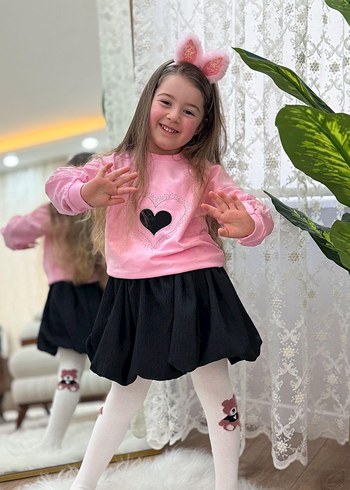 Dantel Detaylı Pembe Kız Çocuk Sweatshirt etek takım - Görsel 9