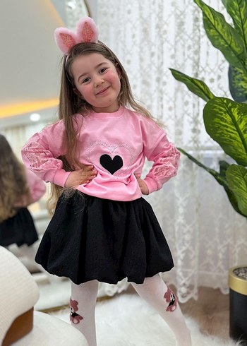 Dantel Detaylı Pembe Kız Çocuk Sweatshirt etek takım - Görsel 10