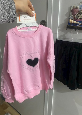Dantel Detaylı Pembe Kız Çocuk Sweatshirt etek takım - Görsel 8