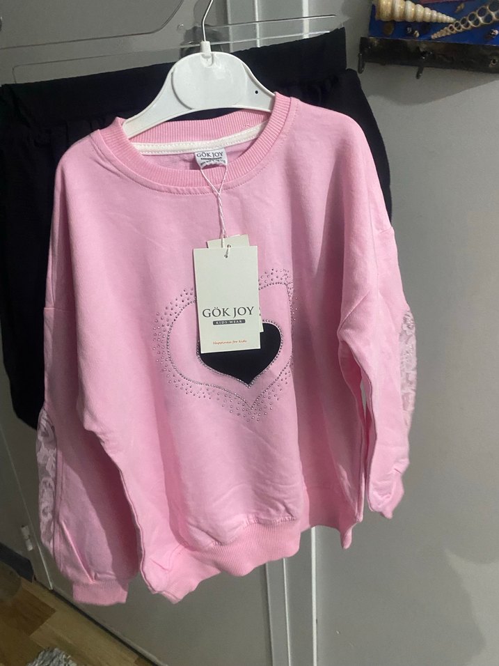 Dantel Detaylı Pembe Kız Çocuk Sweatshirt etek takım - Görsel 3