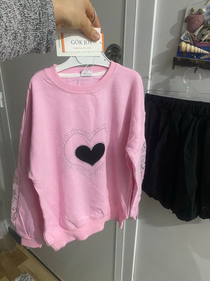 Dantel Detaylı Pembe Kız Çocuk Sweatshirt etek takım - Görsel 5