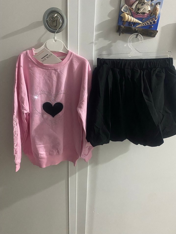 Dantel Detaylı Pembe Kız Çocuk Sweatshirt etek takım - Görsel 4