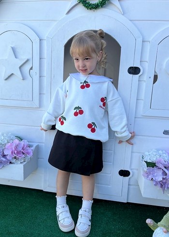 Beyaz Kiraz Baskılı Kız etek takın - Görsel 3