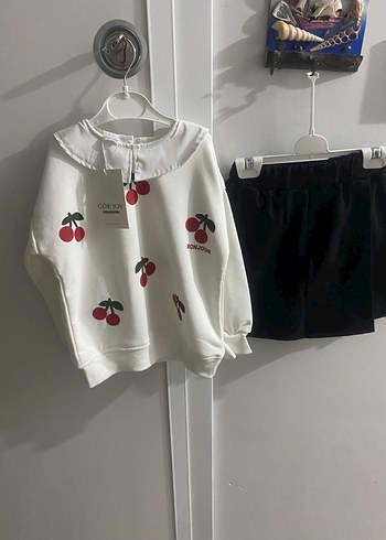 Beyaz Kiraz Baskılı Kız etek takın - Görsel 2