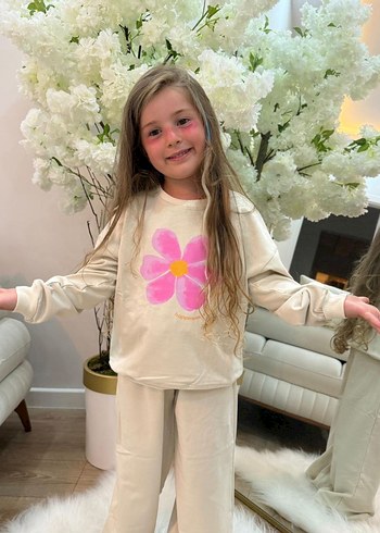 Beyaz Çiçek Baskılı Kız Sweatshirt ve Eşofman Takımı - Görsel 2