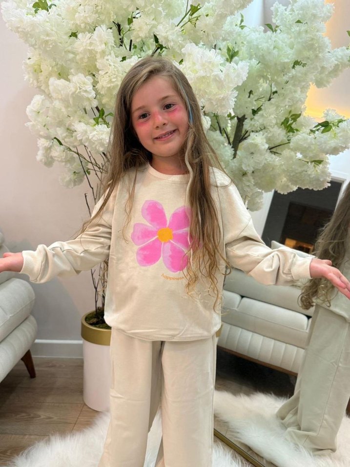 Beyaz Çiçek Baskılı Kız Sweatshirt ve Eşofman Takımı - Görsel 2