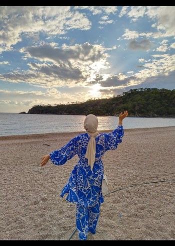 Mavi Bağlama Desenli kimono takım