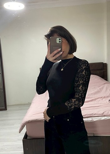 Siyah Transparan Dantel Kollu Yüksek Yaka Kazak - Görsel 5