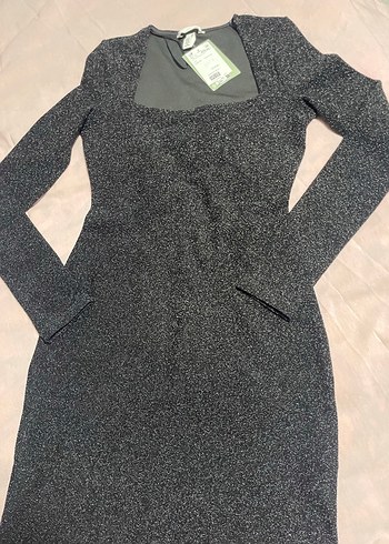 Siyah V Yakalı Simli Triko Midi Elbise - Görsel 3