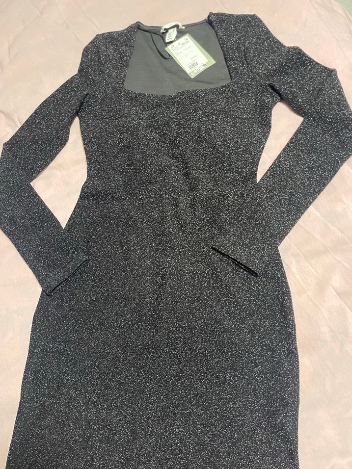 Siyah V Yakalı Simli Triko Midi Elbise - Görsel 3