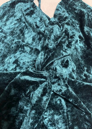 Petrol Yeşili Kadife Mini Abiye Elbise - Görsel 4