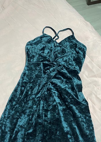 Petrol Yeşili Kadife Mini Abiye Elbise - Görsel 2