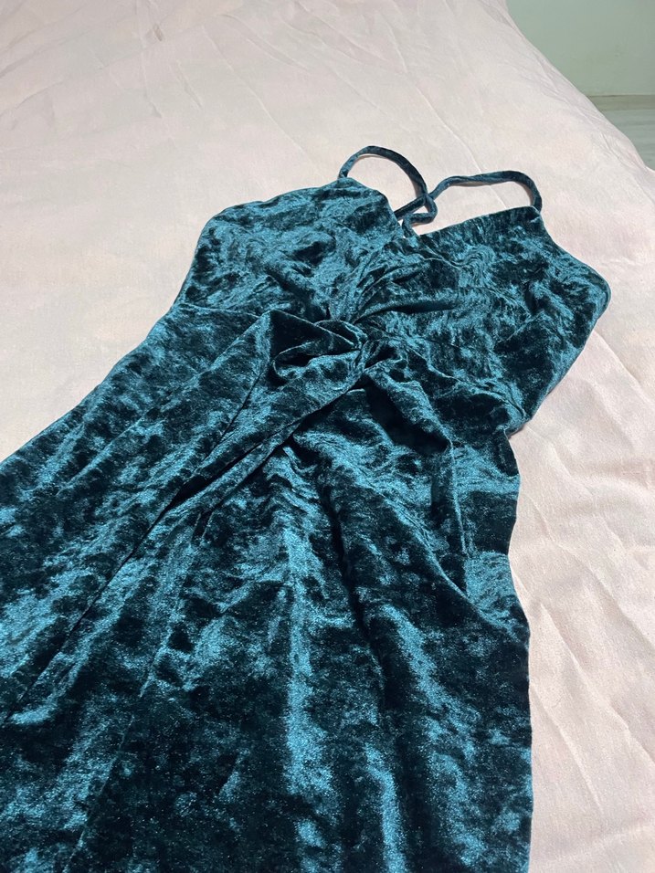 Petrol Yeşili Kadife Mini Abiye Elbise - Görsel 3