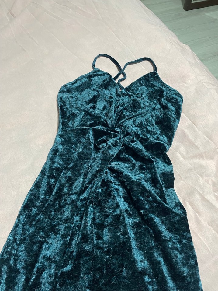 Petrol Yeşili Kadife Mini Abiye Elbise - Görsel 2