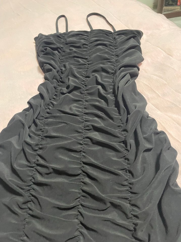 Siyah Drapeli İnce Askılı Mini Elbise - Görsel 3