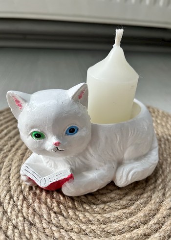 Kitap Okuyan Beyaz Kedi Dekoratif Saksı Mumluk - Görsel 2