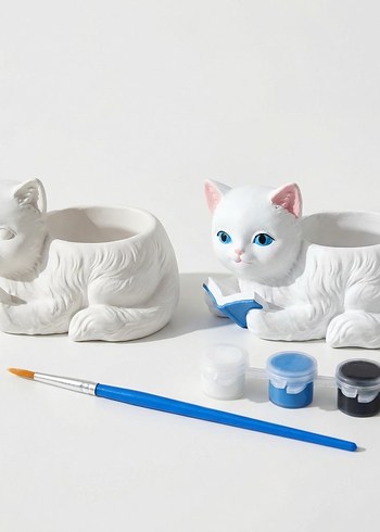 Beyaz Kedi Figürlü Boyanabilir Saksı - Görsel 4