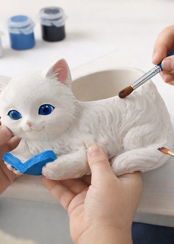 Beyaz Kedi Figürlü Boyanabilir Saksı - Görsel 2