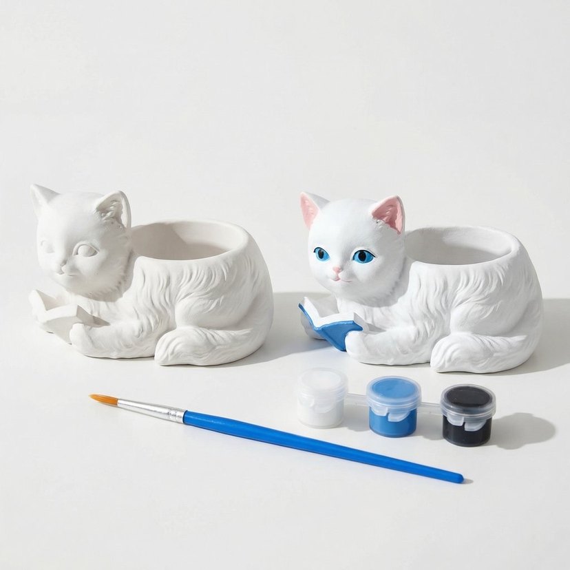Beyaz Kedi Figürlü Boyanabilir Saksı - Görsel 4