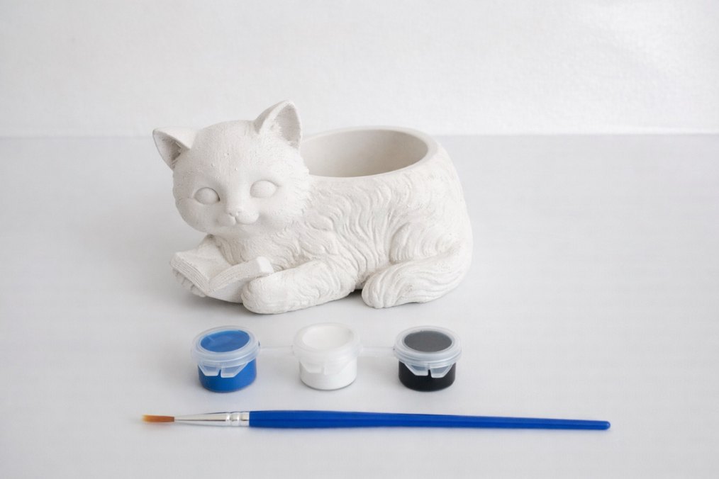 Beyaz Kedi Figürlü Boyanabilir Saksı - Görsel 3