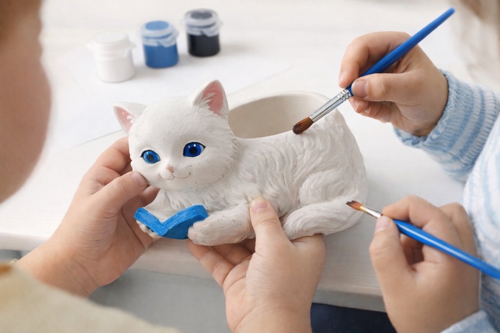 Beyaz Kedi Figürlü Boyanabilir Saksı - Görsel 2