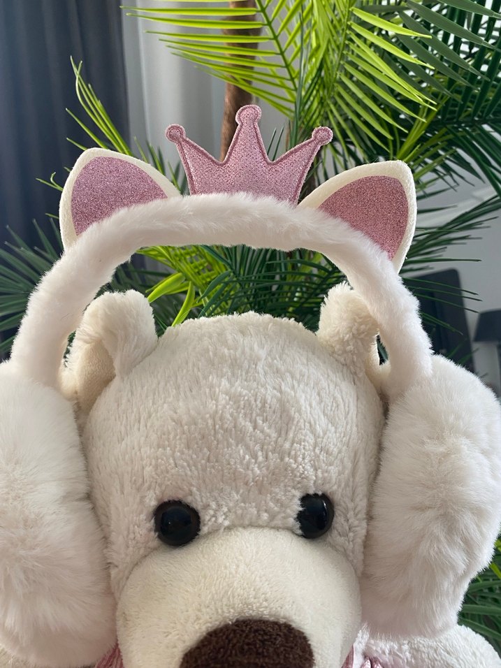 Beyaz Peluş Kedi Kulaklığı Taçlı - Görsel 2
