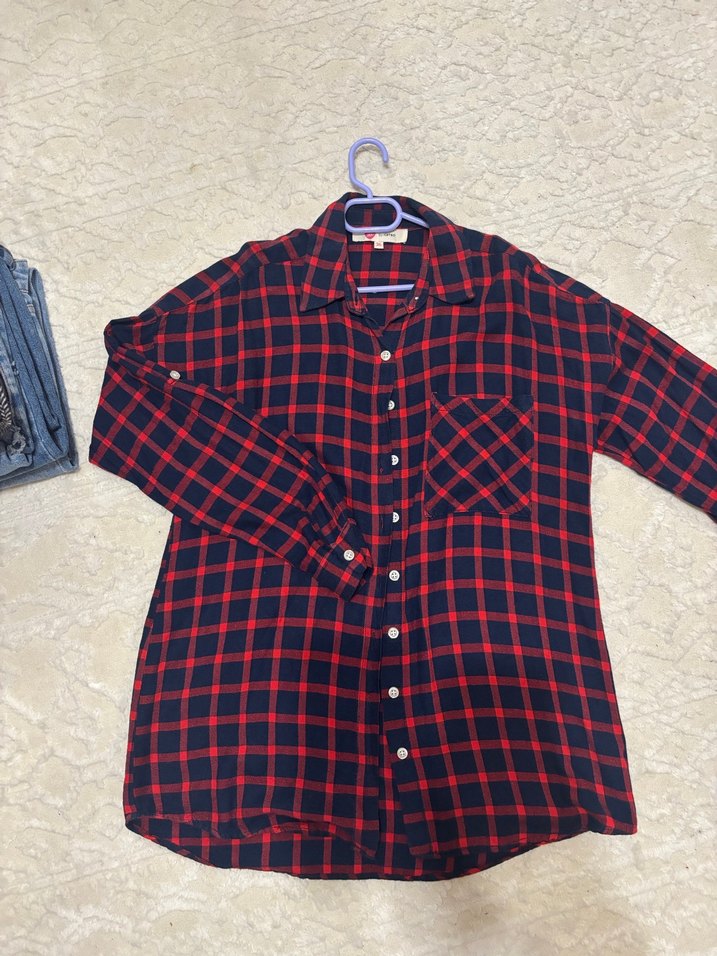 Kırmızı Kareli Pamuklu Kadın Gömlek - Görsel 2