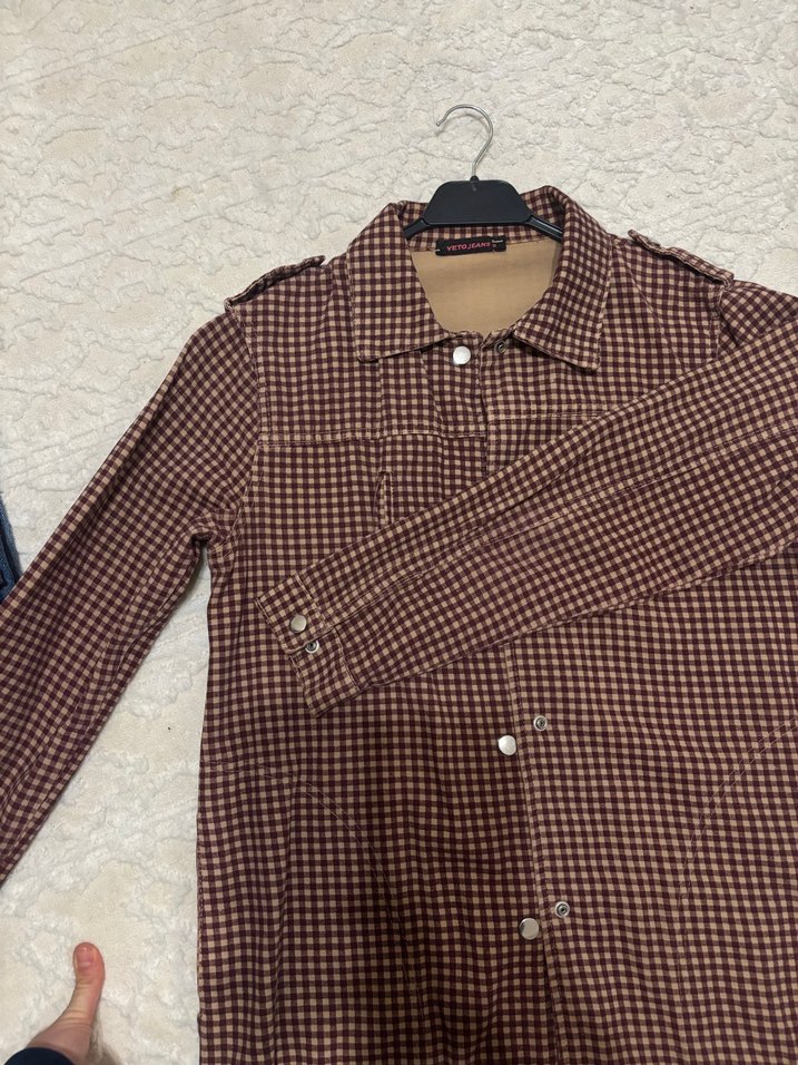 Düğmeli Kahverengi Kareli Kadın Ceket - Görsel 3