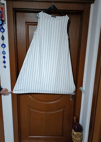 Çizgili Keten Midi Elbise - Görsel 2