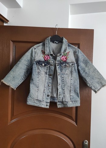 Gri Nakışlı Düğmeli Kadın Denim Ceket