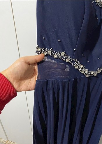 Kadın Lacivert Uzun Piliseli Abiye Elbise - Görsel 2