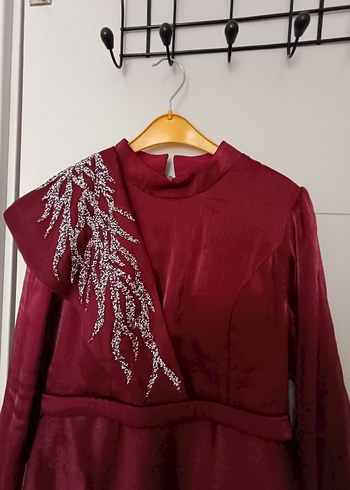 Bordo Uzun Kollu Drapeli Abiye Elbise