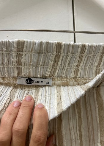 l Beden çeşitli Renk Bej Çizgili Bol Kesim Keten Pantolon Müslin
