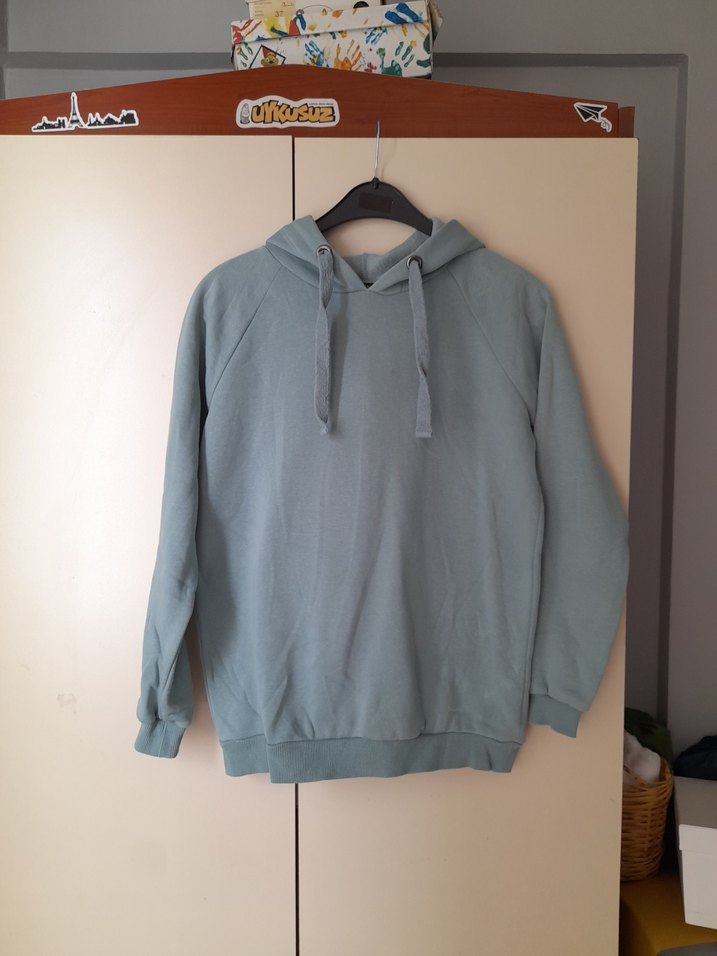 uçuk yesil  Kapüşonlu Rahat Kesim Sweatshirt - Görsel 2