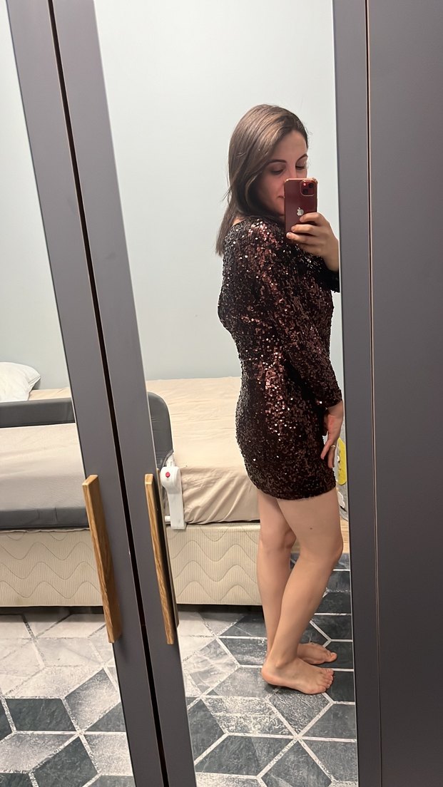 Parlak Kahverengi payetli Desenli Mini Elbise - Görsel 2