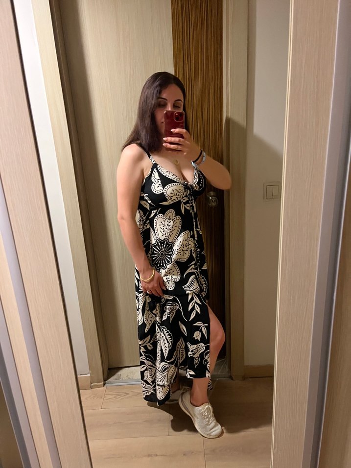 Siyah Beyaz Bağlama Desenli Uzun Elbise - Görsel 3