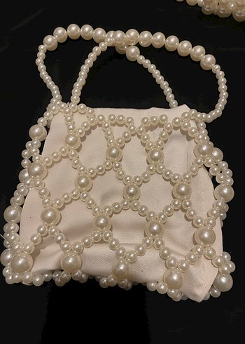 İnci İşlemeli Beyaz Örgü Bohem Çanta - Görsel 3