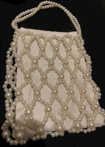 İnci İşlemeli Beyaz Örgü Bohem Çanta - Görsel 2