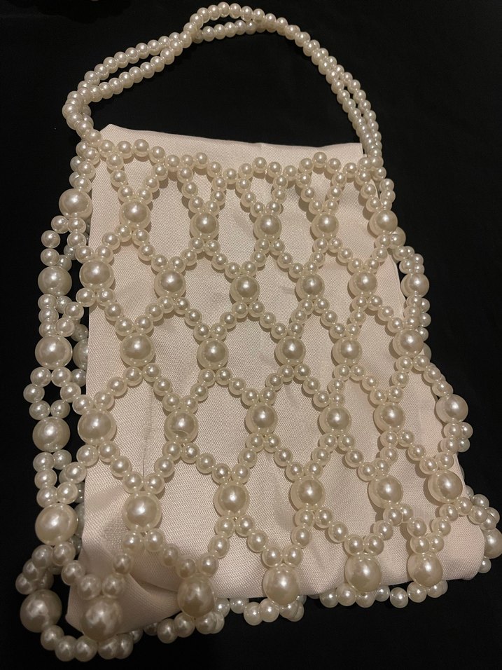 İnci İşlemeli Beyaz Örgü Bohem Çanta - Görsel 2