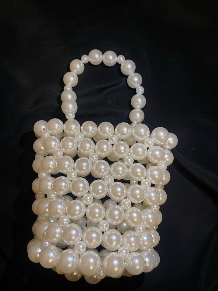 İnci İşlemeli Beyaz Örgü Bohem Çanta - Görsel 5