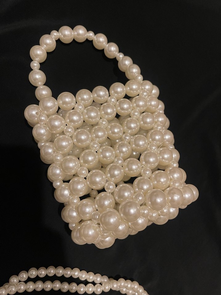 İnci İşlemeli Beyaz Örgü Bohem Çanta - Görsel 4